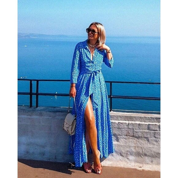 Zara | Dresses | Zara Marilyn Blue White Printed Long Sleeve Front Slit  Maxi Dress Womens Medium | Poshmark